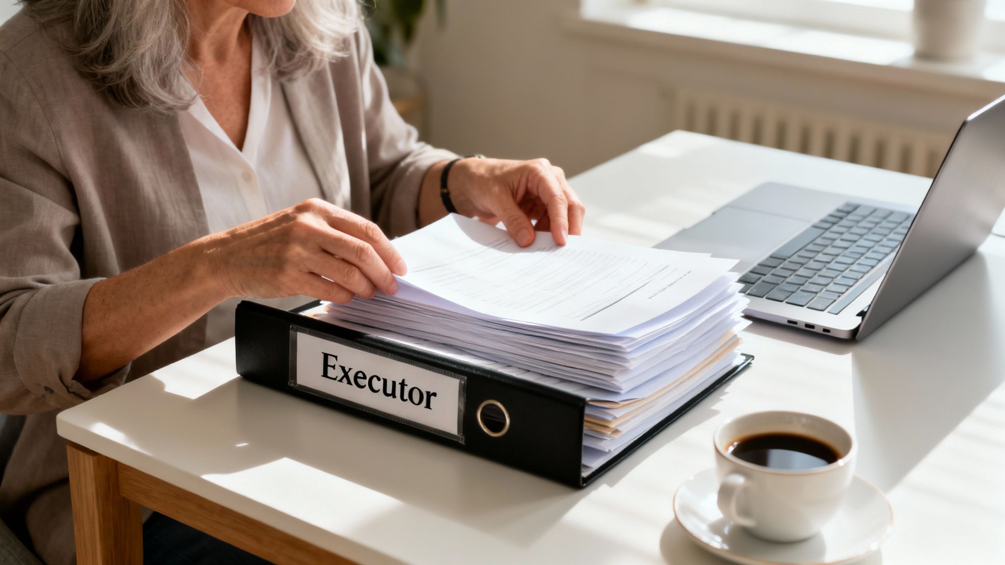 A woman reviews legal documents from an 'Executor' binder on a desk with a laptop and coffee.