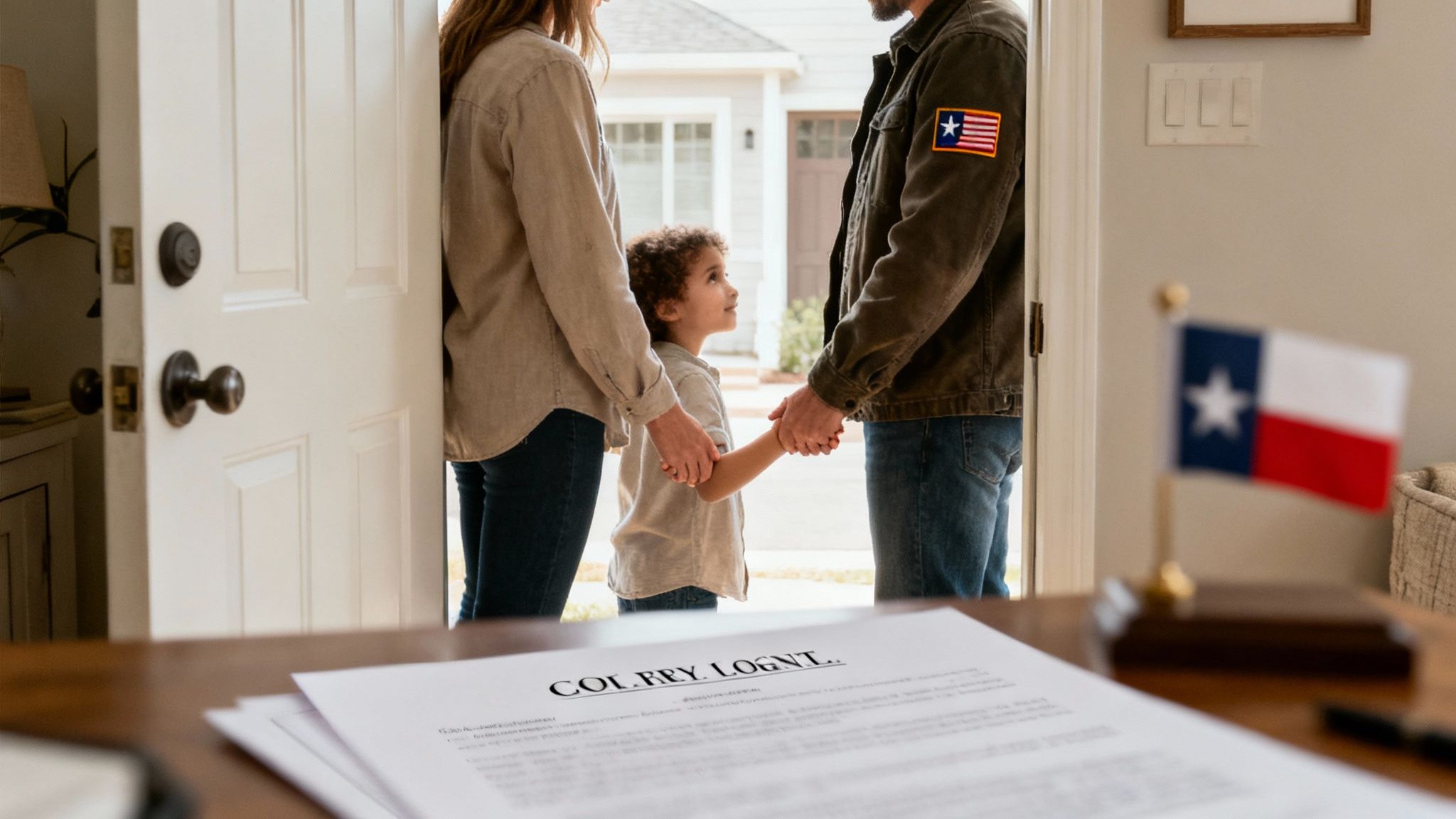 A family, a child holding parents' hands, in a doorway, with a Texas flag and legal papers.