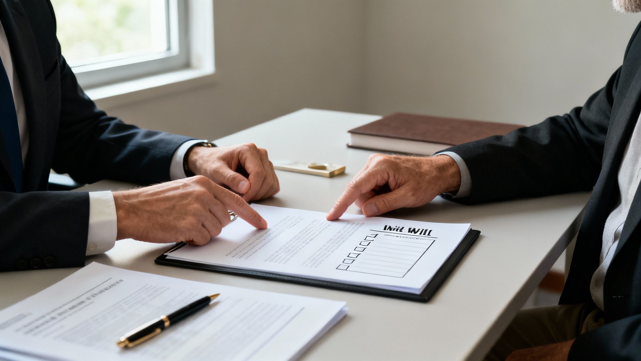 A lawyer and client review documents together at a large wooden desk.
