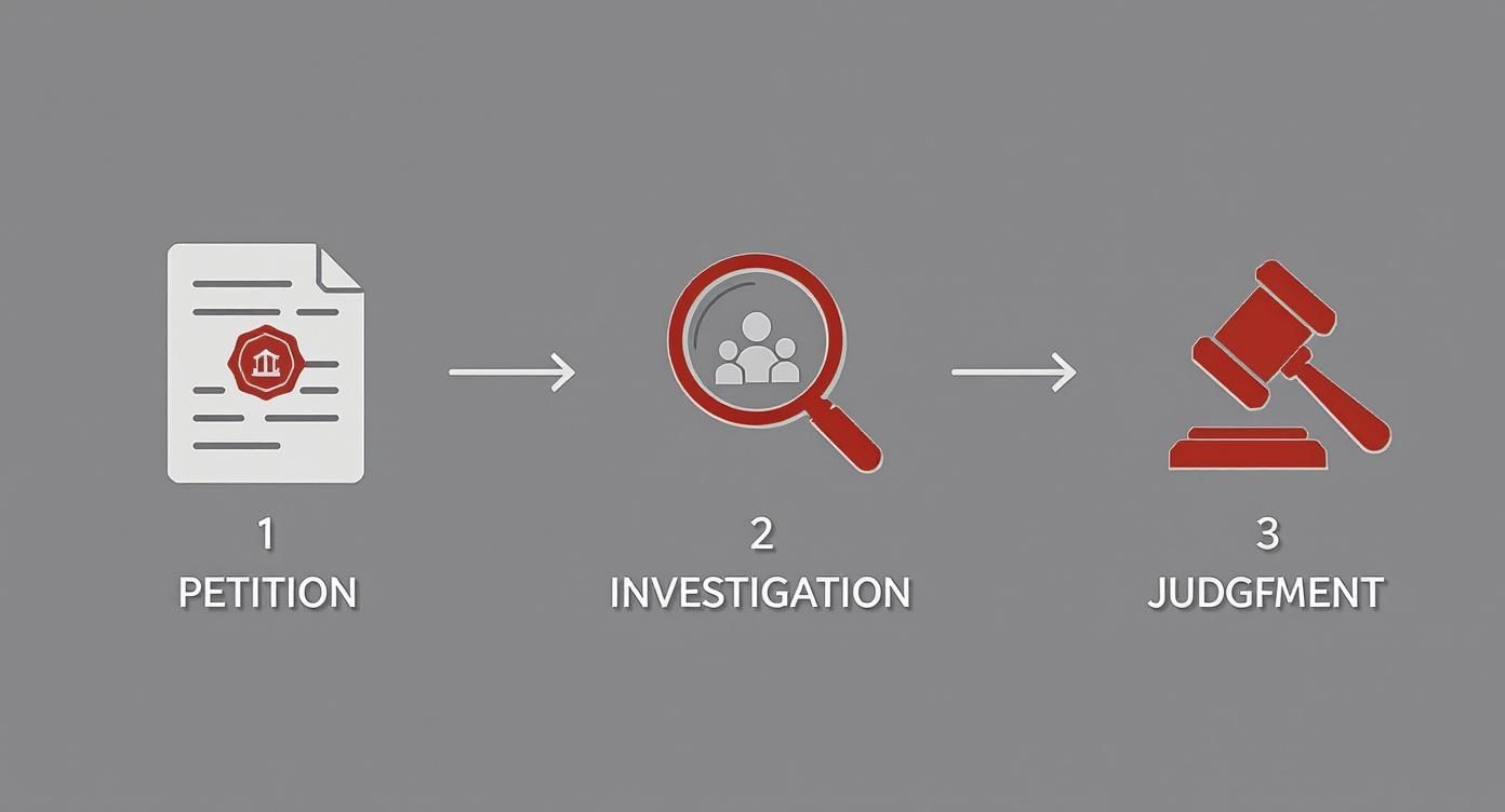 Infografía que ilustra el proceso legal de terminación de derechos parentales en Texas, mostrando los pasos de Petición, Investigación y Sentencia.