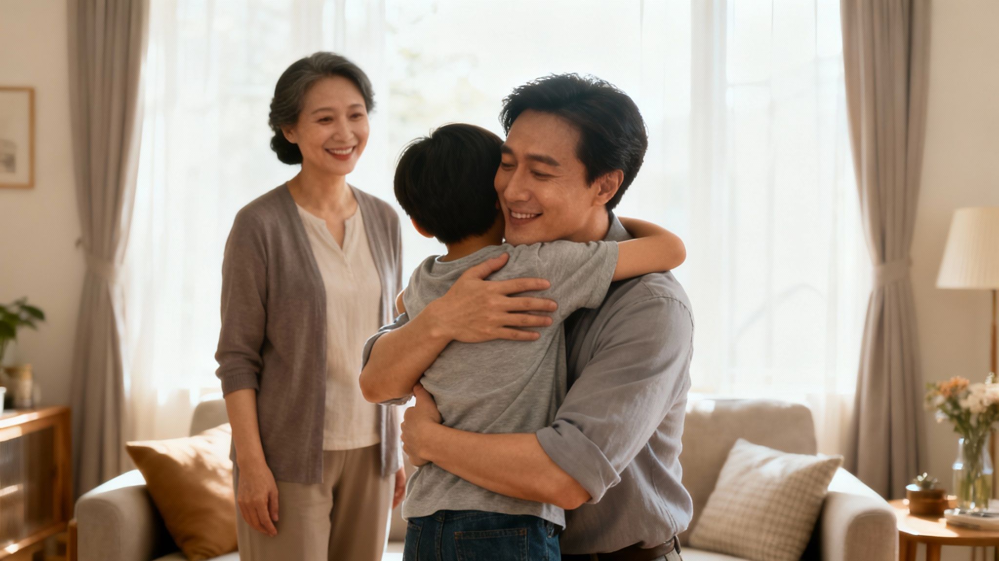 A happy family is reunited, with parents hugging their child in a warm and joyful embrace.