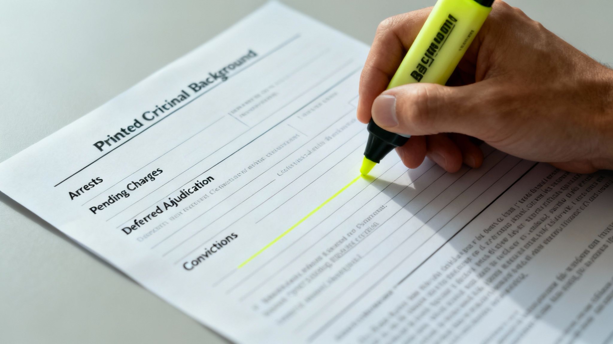 A hand uses a yellow highlighter to mark a section on a 'Printed Criminal Background' document.