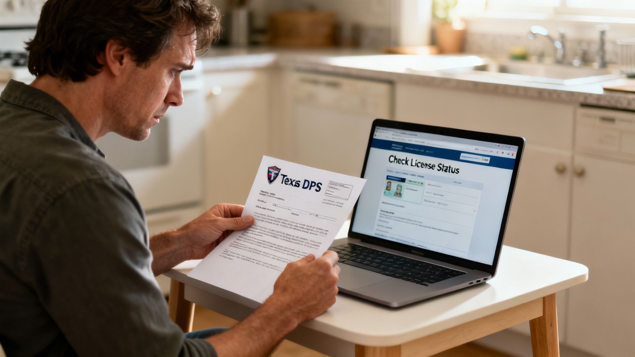 A man diligently reviews a Texas DPS document, comparing it to his license status on a laptop.