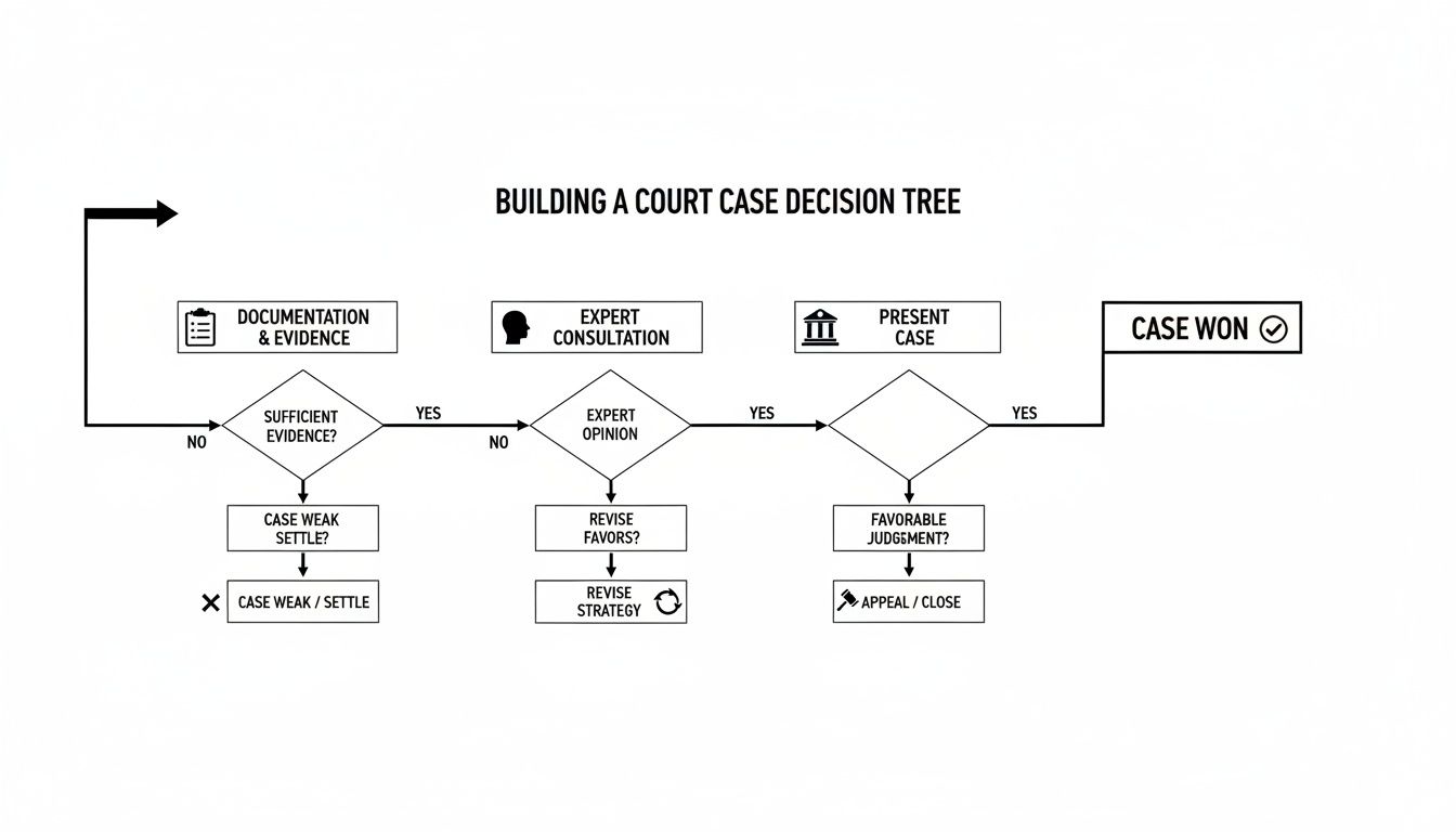 Flowchart illustrating the step-by-step decision-making process for building a court case, from evidence gathering to judgment.