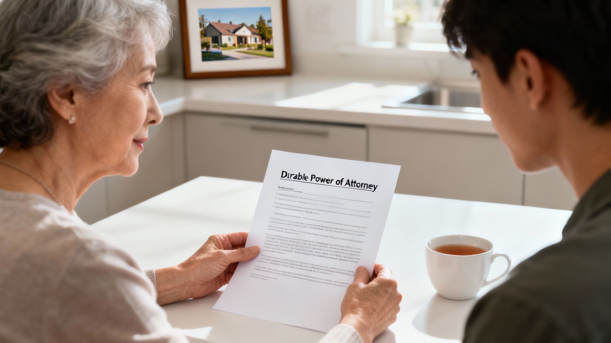 Older woman reviewing a Durable Power of Attorney document with a younger man at a kitchen table, emphasizing the importance of legal planning for financial and health decisions.
