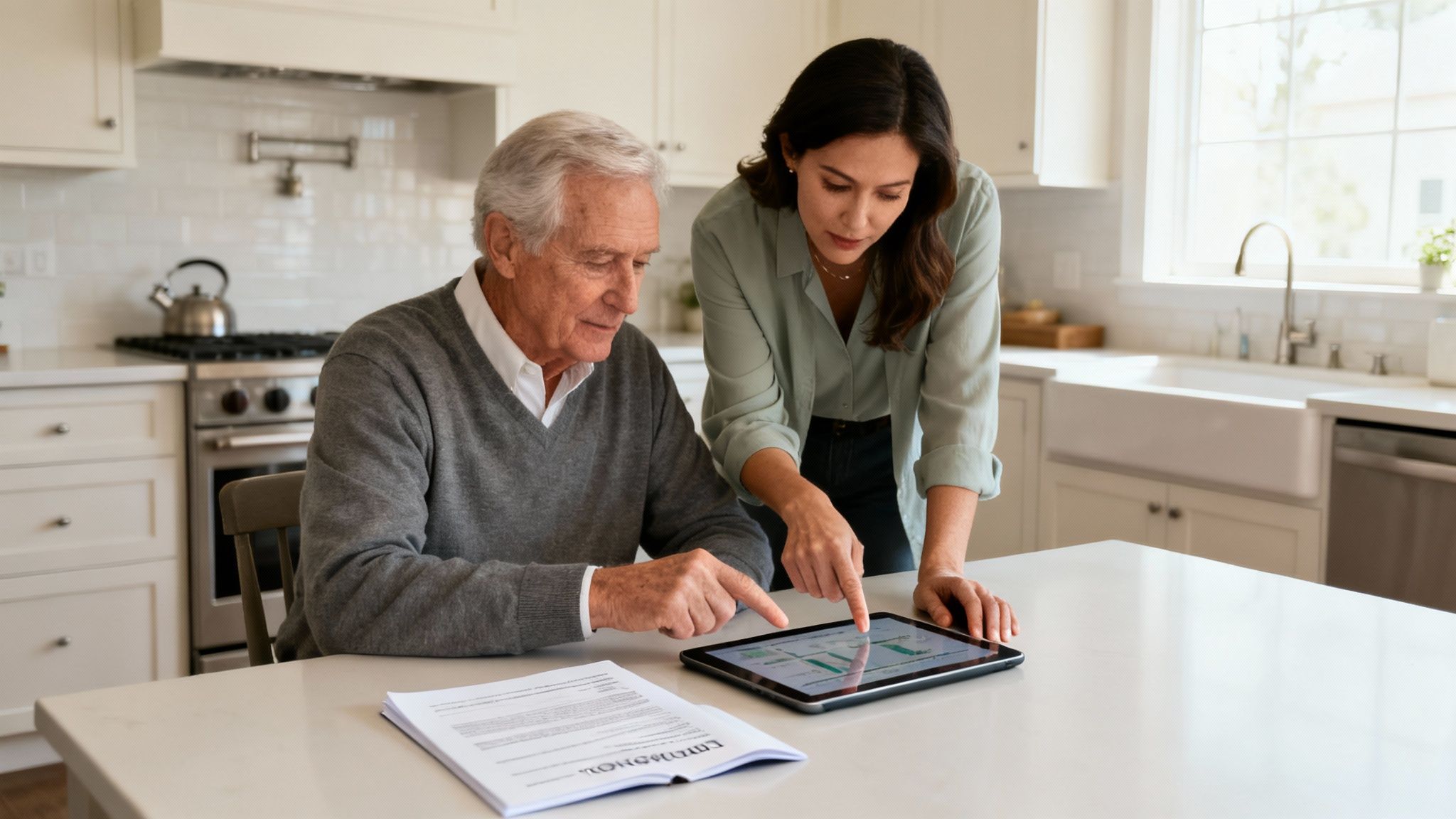 Older man and woman discussing estate planning on tablet, surrounded by documents, in a kitchen setting, emphasizing trust management and asset protection.
