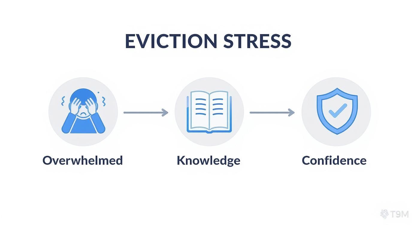Eviction stress infographic illustrating the progression from feeling overwhelmed to gaining knowledge and ultimately achieving confidence in navigating the eviction process in Texas.
