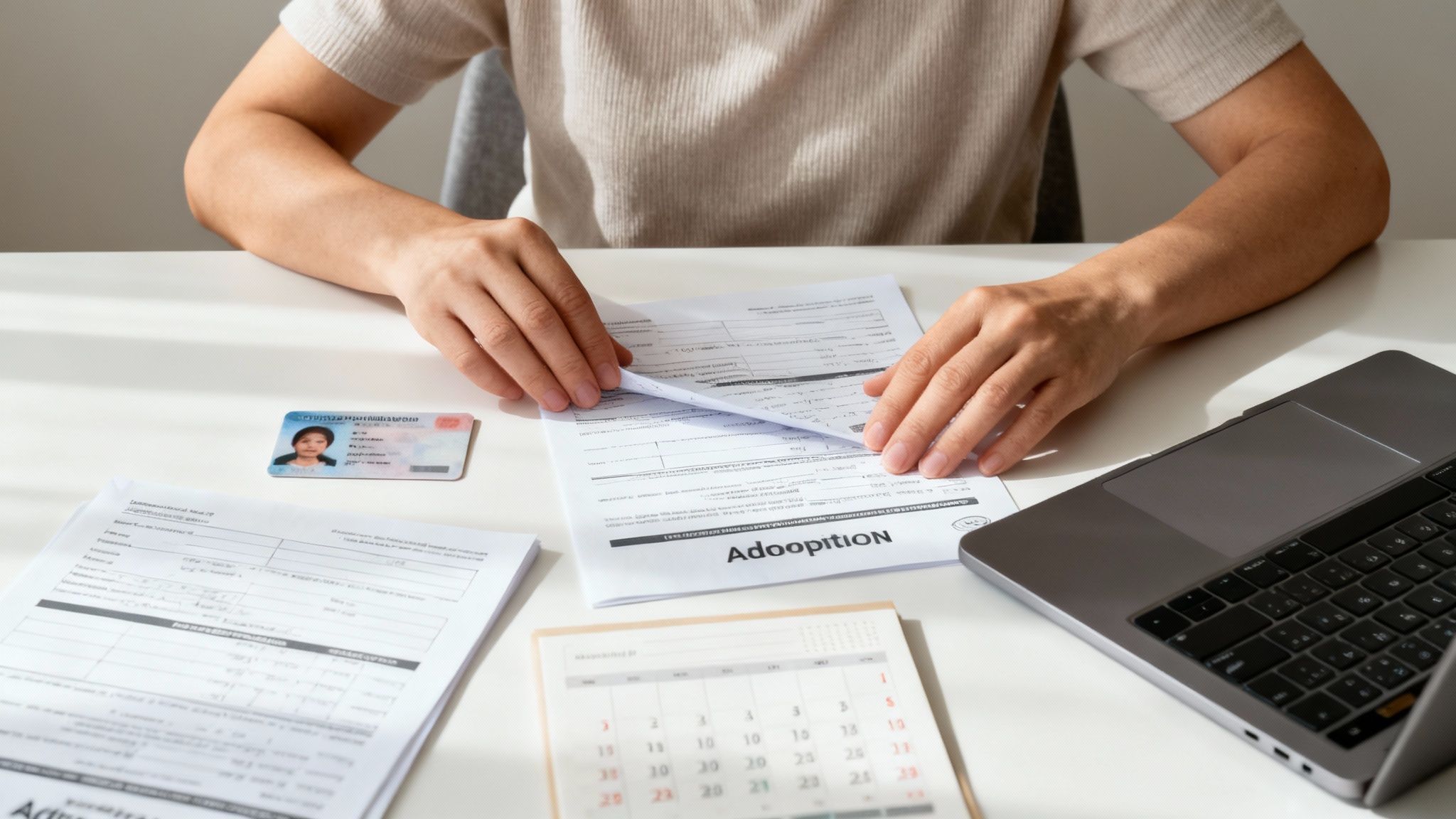 Woman reviewing adoption paperwork and documents with identification card and laptop on desk