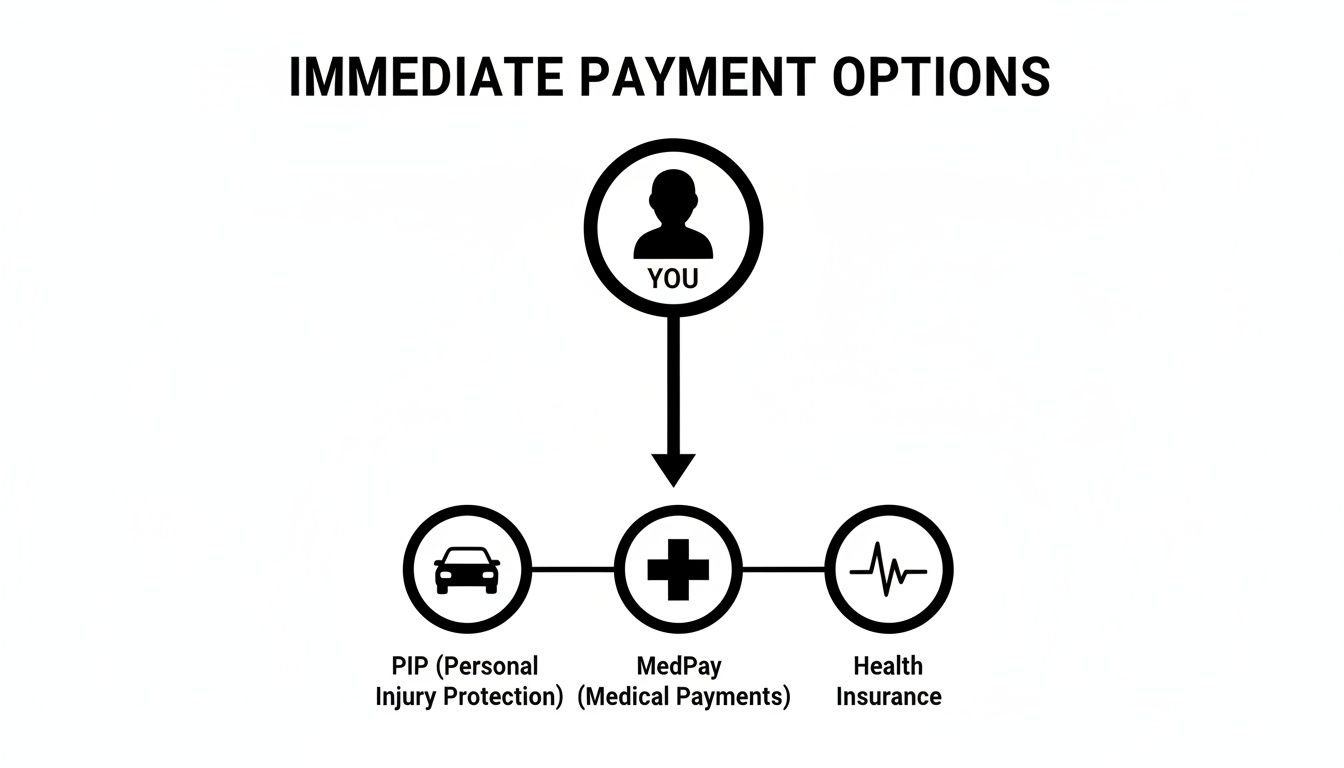 Diagram showing immediate payment options for medical expenses: PIP, MedPay, and Health Insurance.