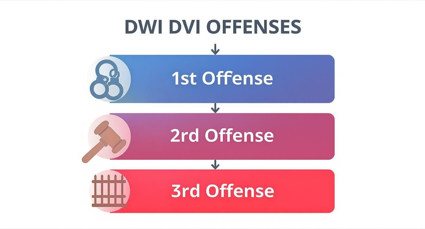 Infographic showing the hierarchy of Texas DWI offenses, from a first offense with a handcuffs icon to a third offense with prison bars.