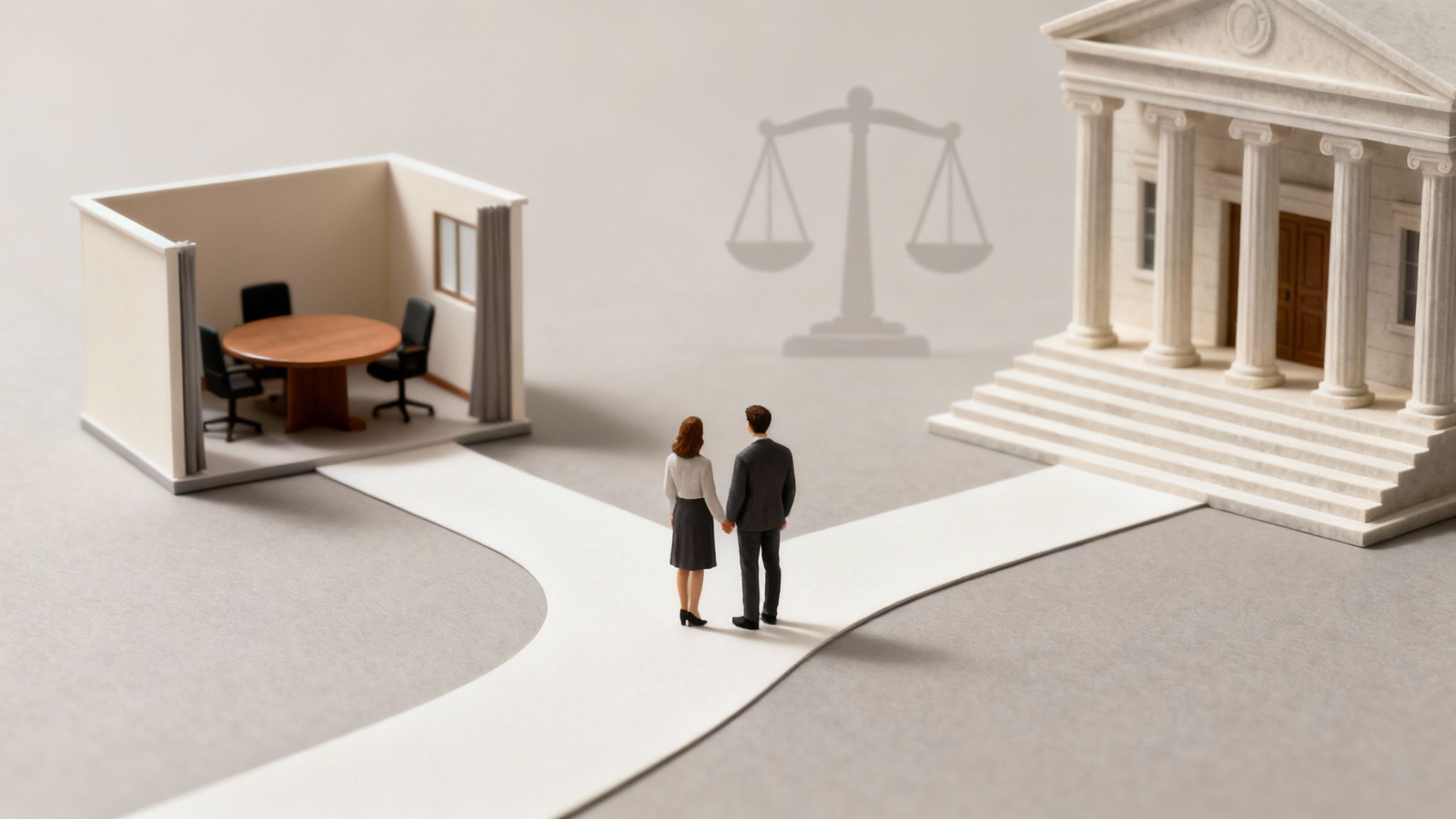 A fork in the road, symbolizing the choice between divorce mediation and litigation.