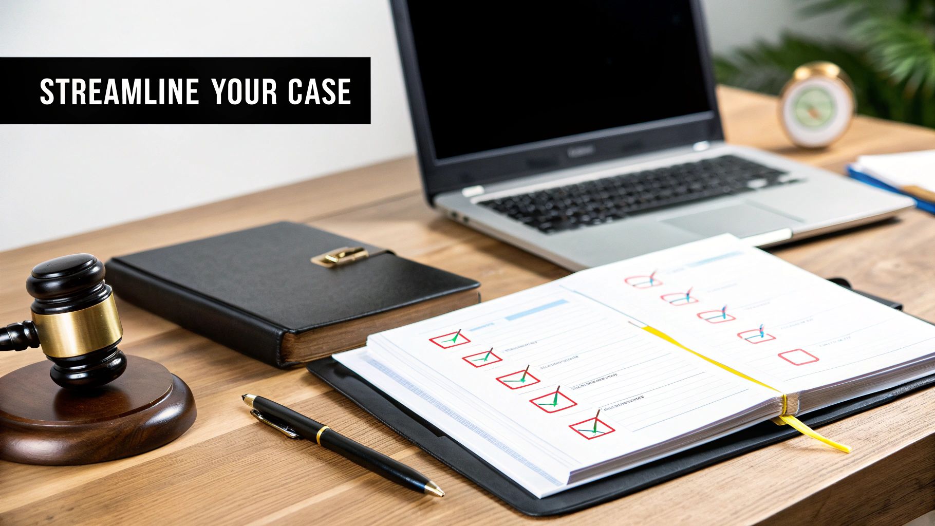 A legal desk setup with a gavel, a law book, a laptop, and a planner displaying a checklist to streamline a case.
