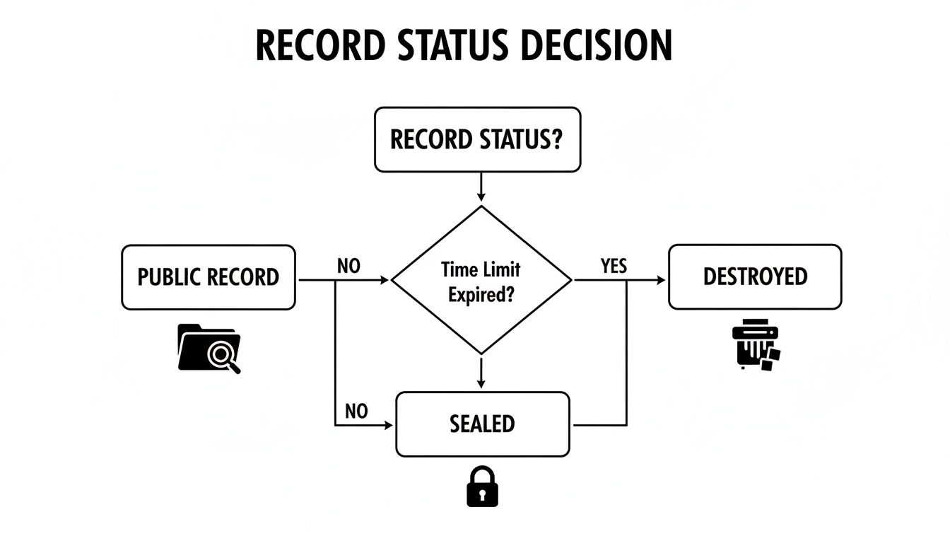 Flowchart detailing record status decisions: public, sealed, or destroyed based on time expiration.