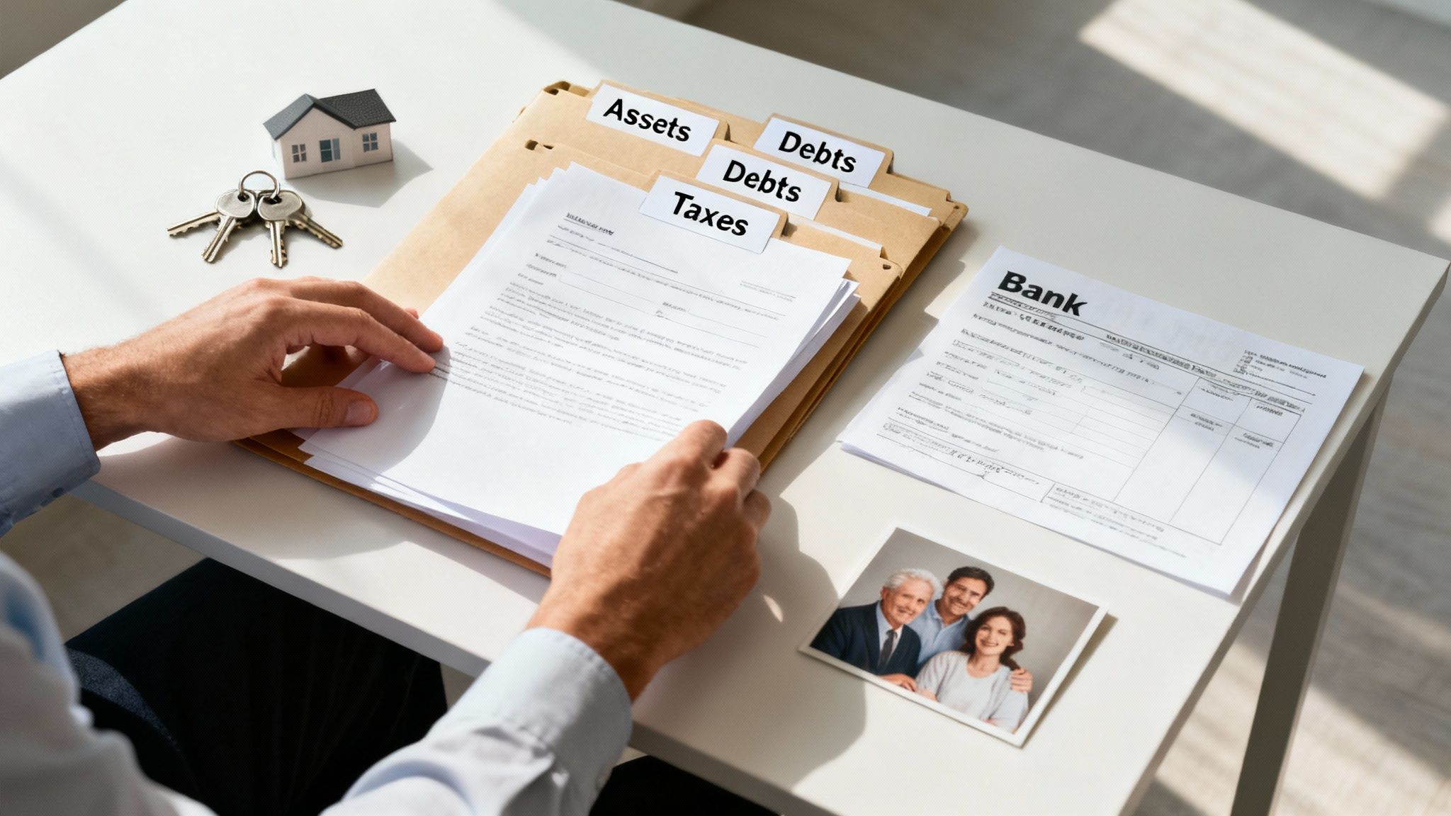 Man organizing financial documents, including assets, debts, and taxes, with a model house, keys, and family photo.