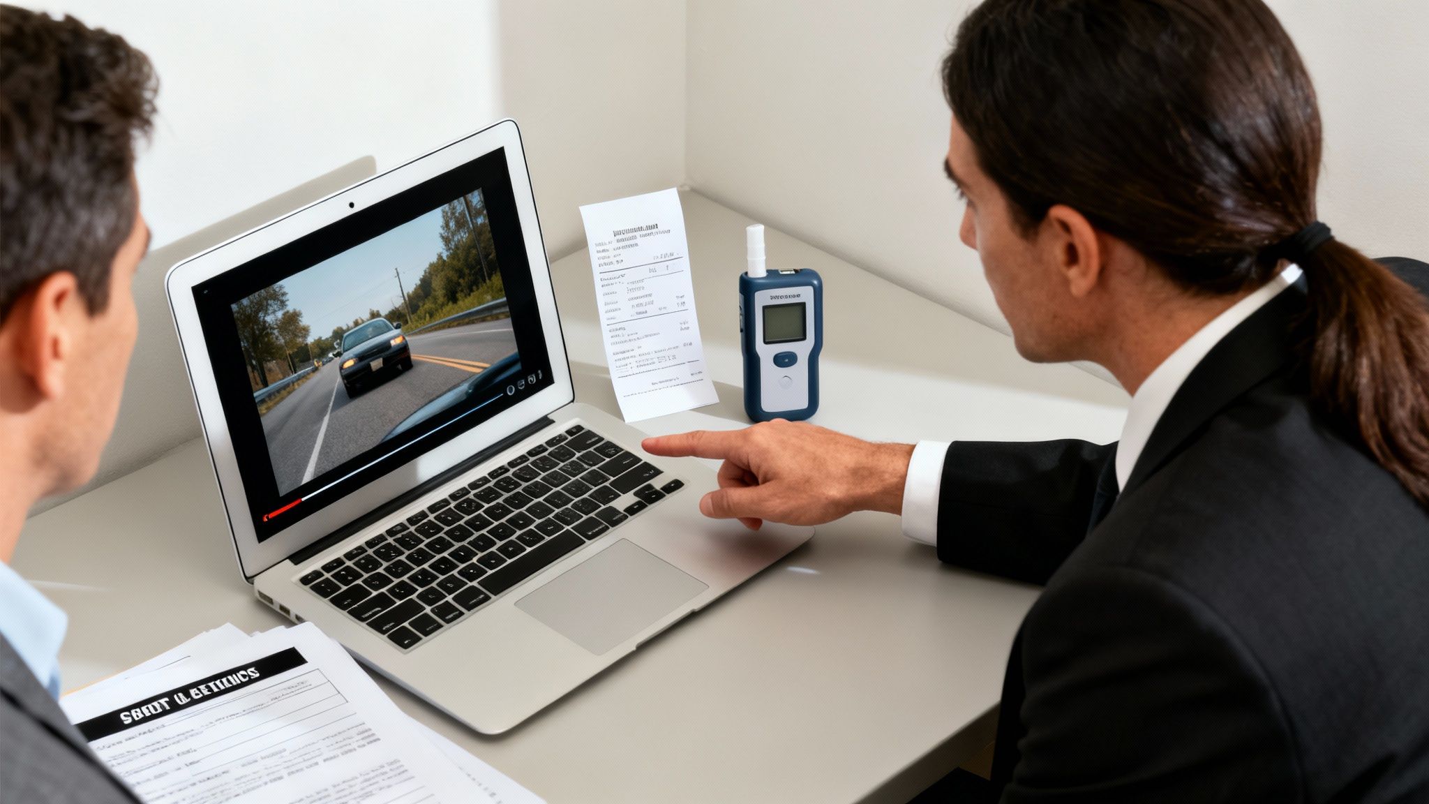 Lawyer reviewing dashcam footage of a traffic stop on a laptop, discussing DWI defense strategy, with a breathalyzer and legal documents on the table.