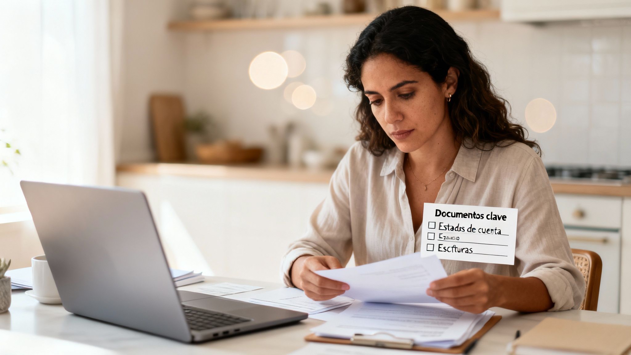 Mujer revisando documentos importantes en un escritorio con un portátil y una lista de verificación de "documentos clave".