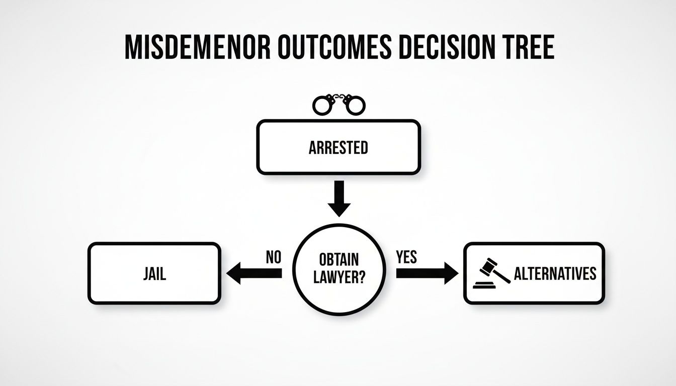 Decision tree flowchart illustrating misdemeanor outcomes: arrested, obtain lawyer, jail, or alternatives.