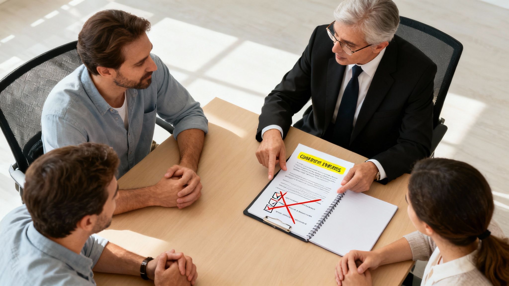 A legal advisor in a suit discusses a document with a young couple in a bright office.