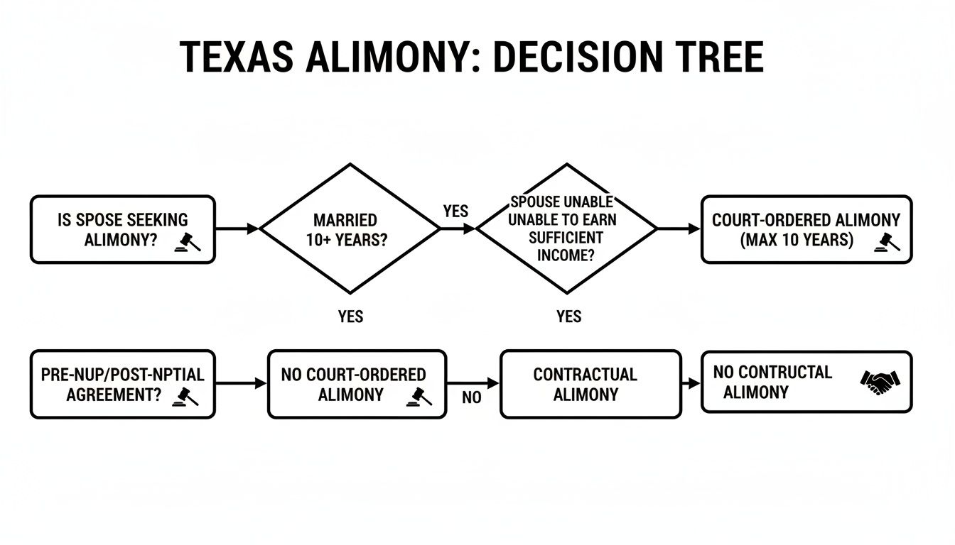Flowchart showing Texas alimony decision tree, outlining criteria for court-ordered and contractual alimony eligibility.