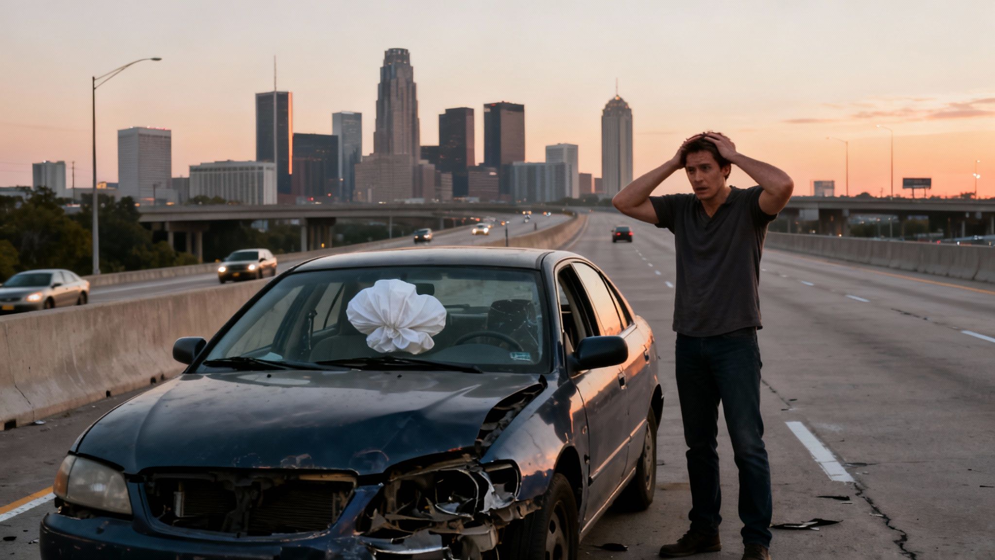 A distressed man stands next to his crashed car with a deployed airbag on a highway at sunset.
