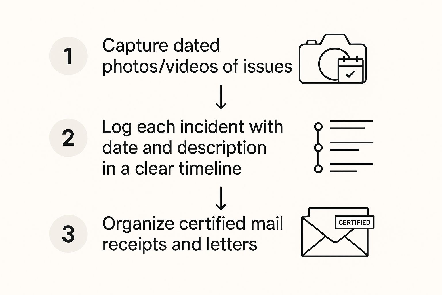Infographic illustrating steps for documenting tenant issues: capturing dated photos/videos, logging incidents in a timeline, and organizing certified mail receipts.