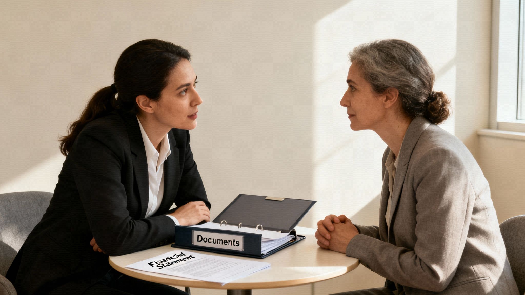 Two women, possibly an attorney and client, discuss financial documents during a consultation.