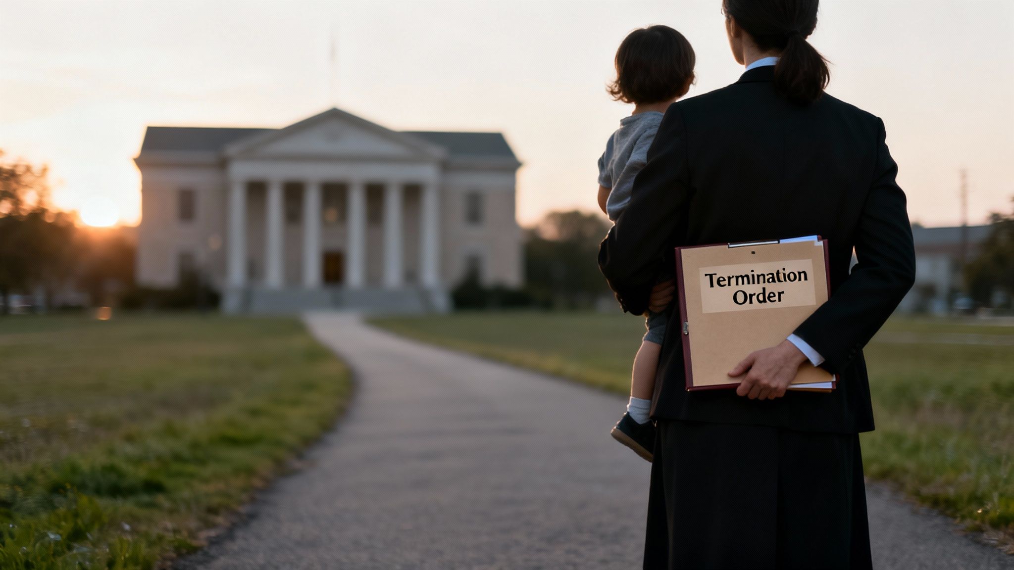 Parent holding a child and a 'Termination Order' folder, walking towards a courthouse at sunset.