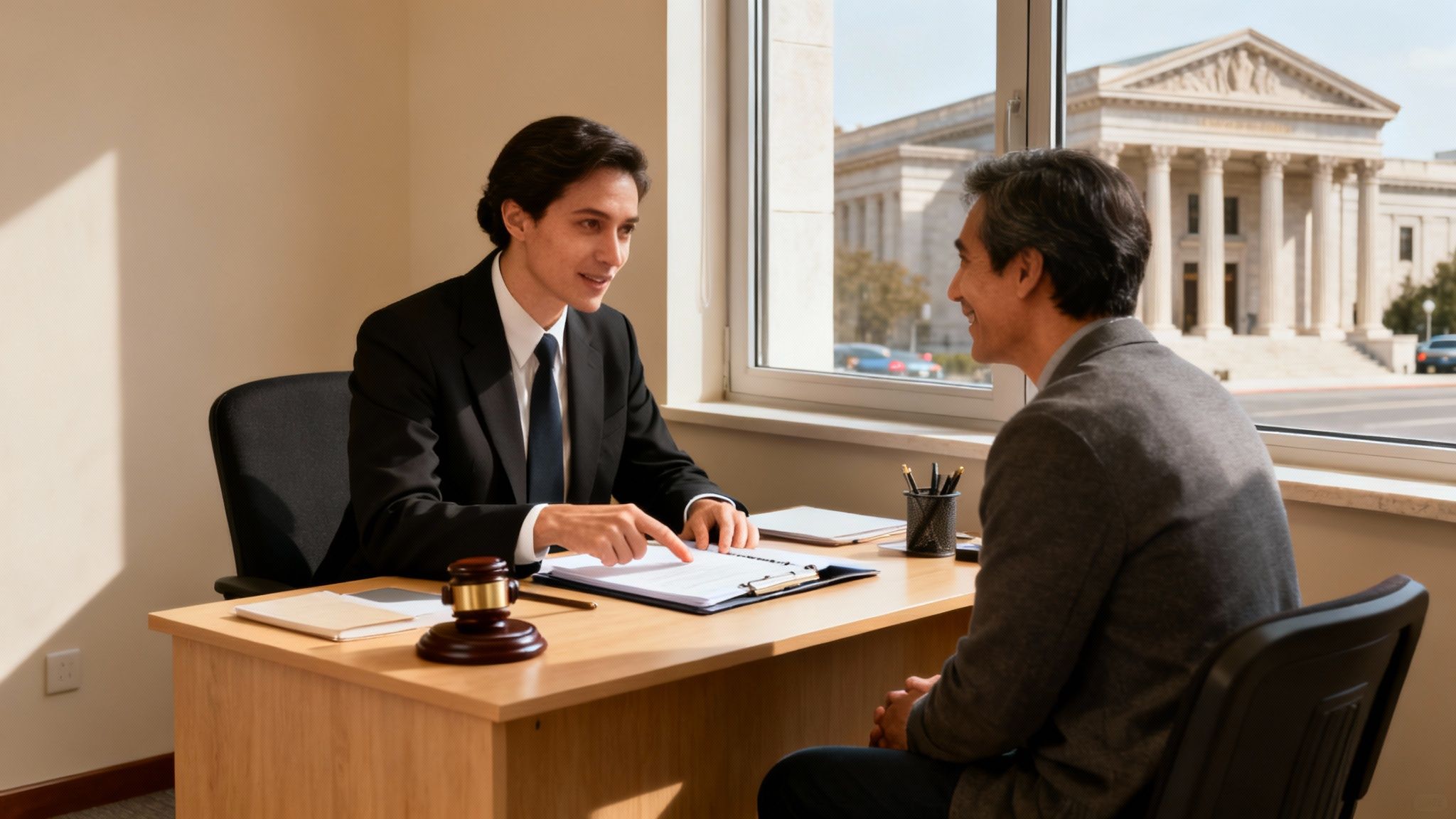 Un abogado explica un documento a un cliente en su oficina, con vista a un juzgado.