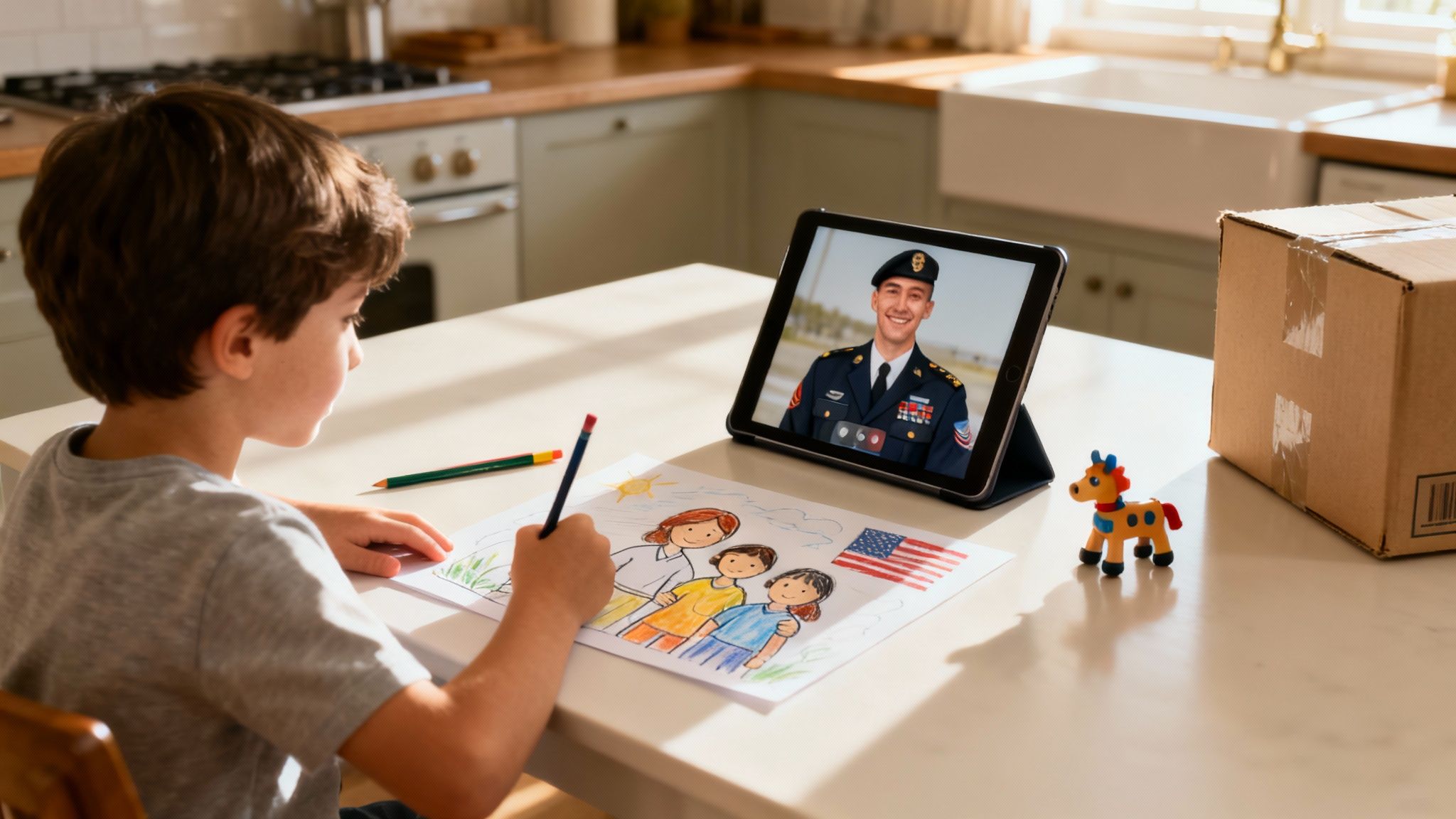 A parent in military uniform hugging their young child.
