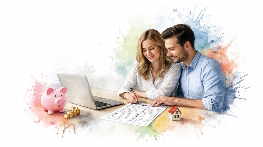 A smiling couple planning finances with a laptop, piggy bank, gold, and miniature house.