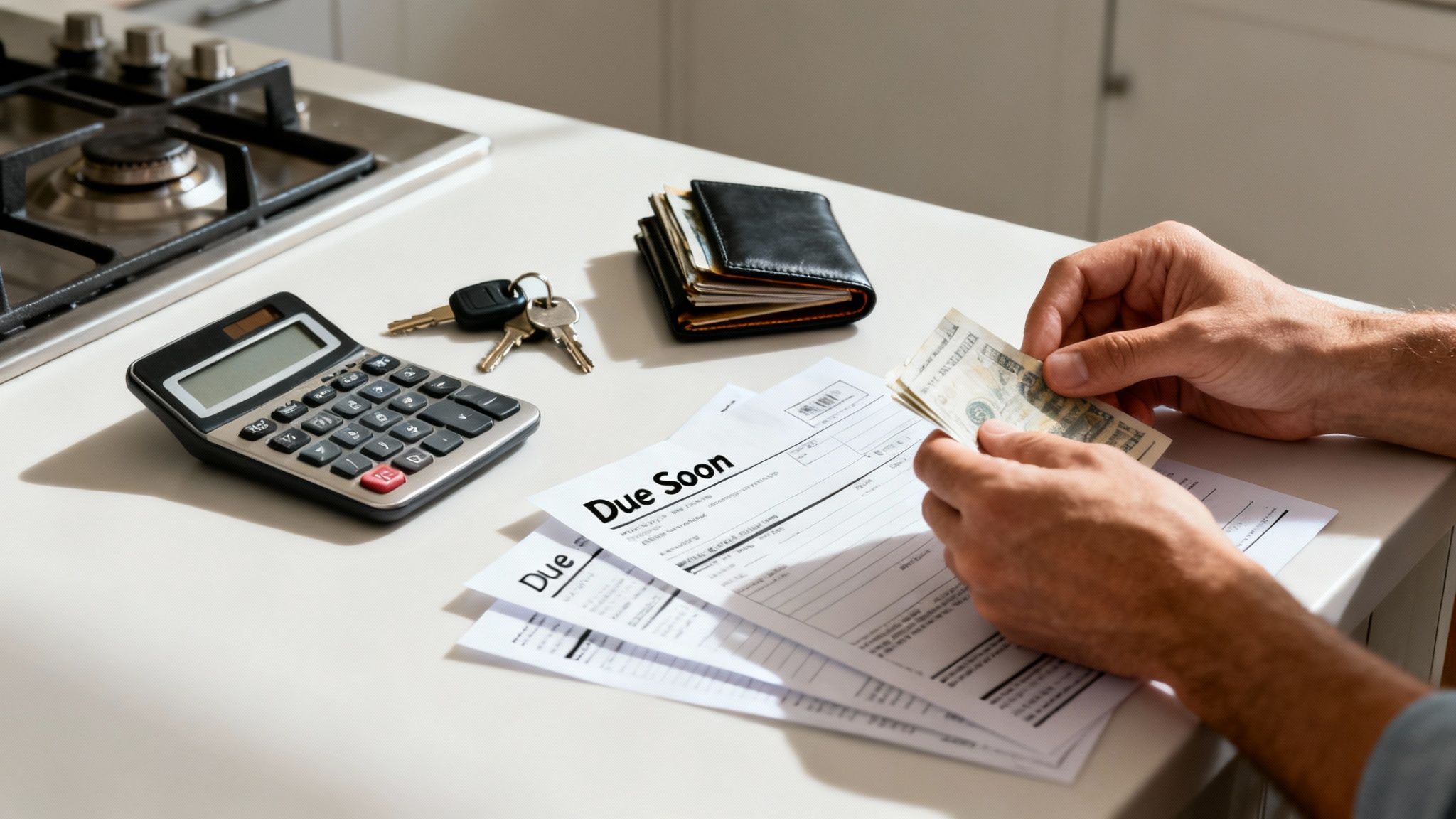 Person holding cash and reviewing bills marked "Due Soon" on a countertop with a calculator and keys, illustrating the financial implications of DWI penalties in Texas.