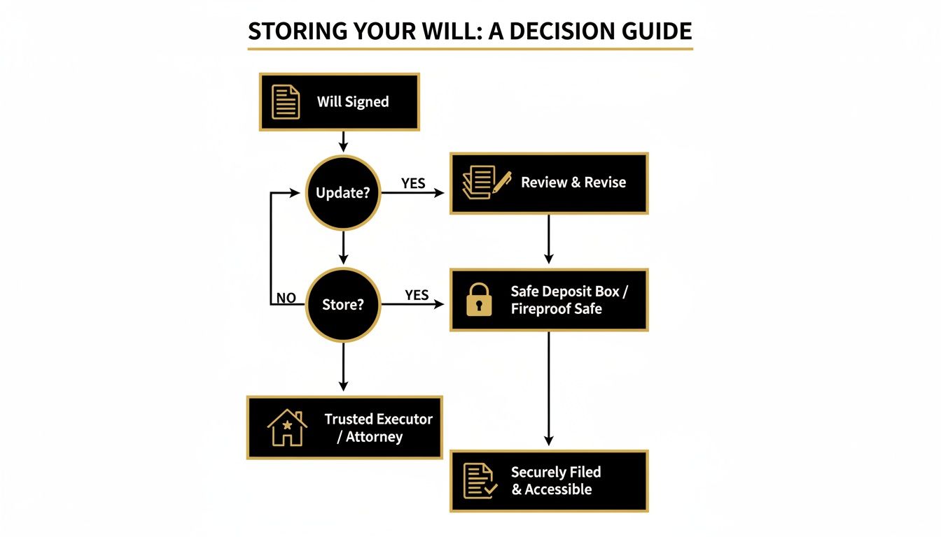 Flowchart illustrating the decision guide for storing your will, covering updating, reviewing, and secure storage options.