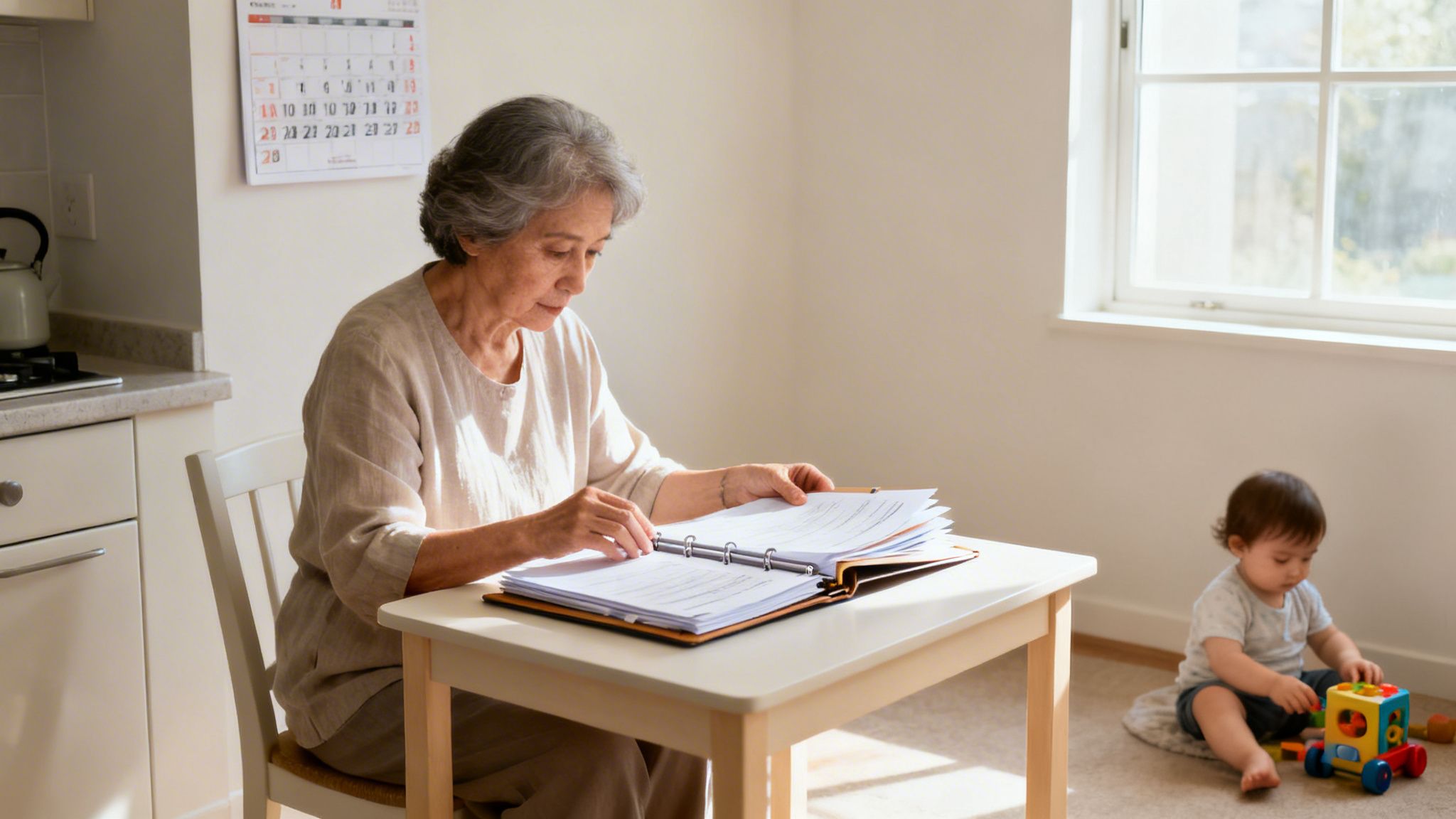 A grandmother reviews legal documents at a table while her grandchild plays nearby.