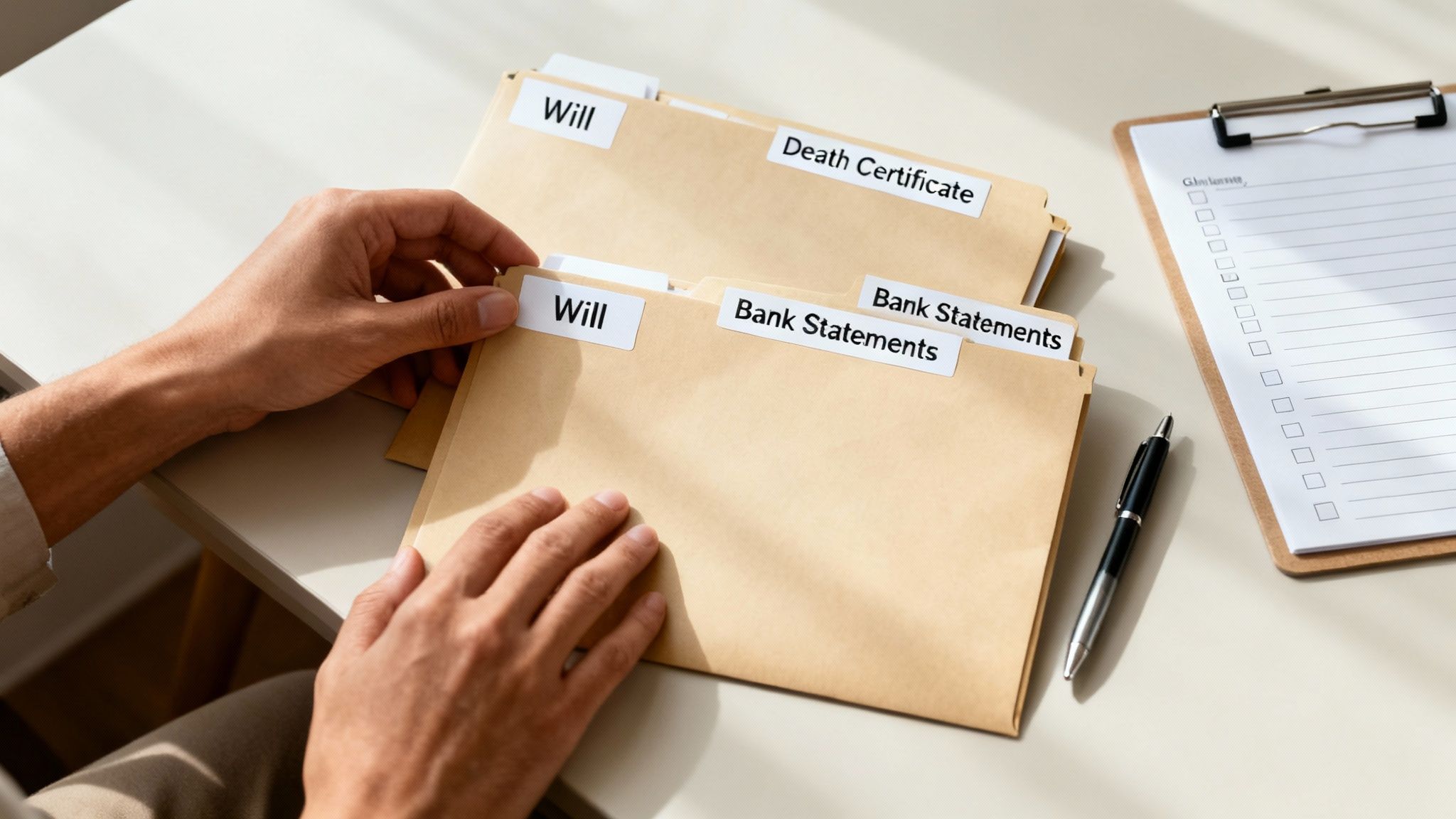 Hands organizing estate planning documents like a will, death certificate, and bank statements.