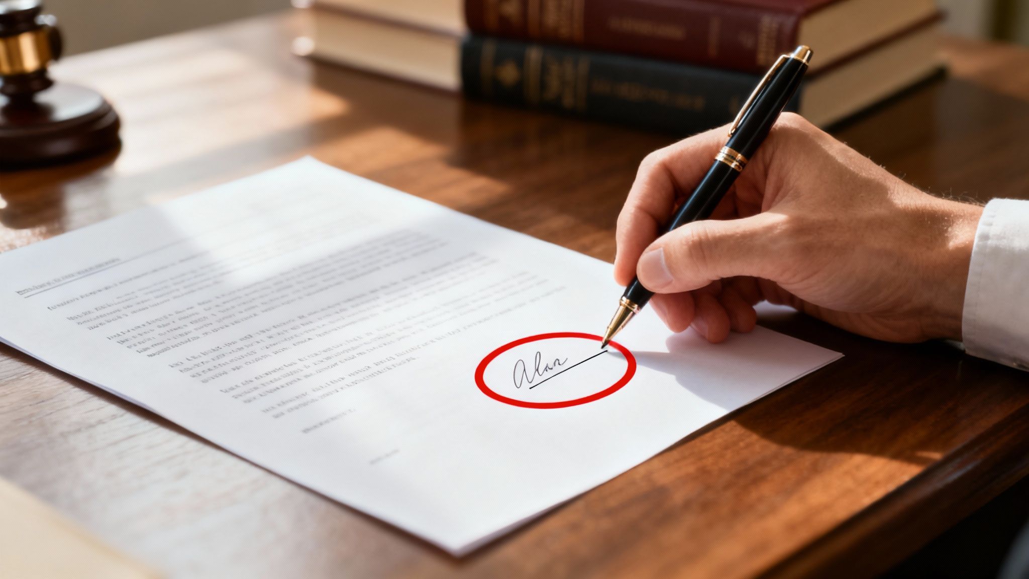 Hand signing a legal document with a pen, featuring a circled signature, on a wooden desk with a gavel and law books in the background, emphasizing the importance of proper signing in estate planning.