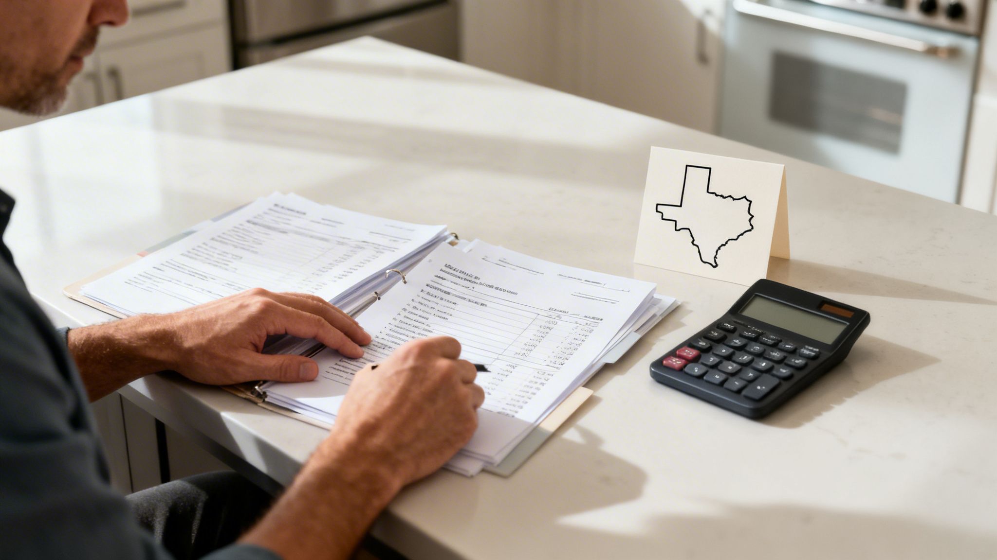 A person reviews financial documents with a calculator and a Texas outline card on a table.
