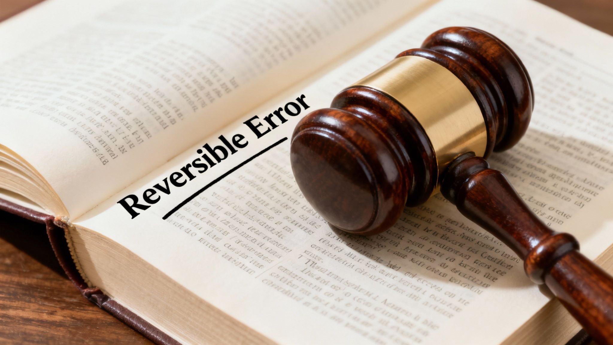 Gavel resting on an open law book highlighting "Reversible Error," symbolizing legal mistakes in family law appeals in Texas.