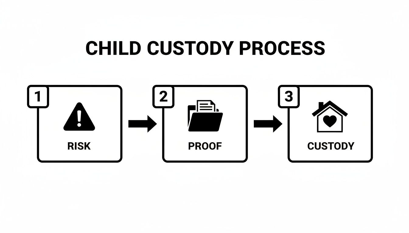 A three-step child custody process infographic showing risk, proof, and final custody.