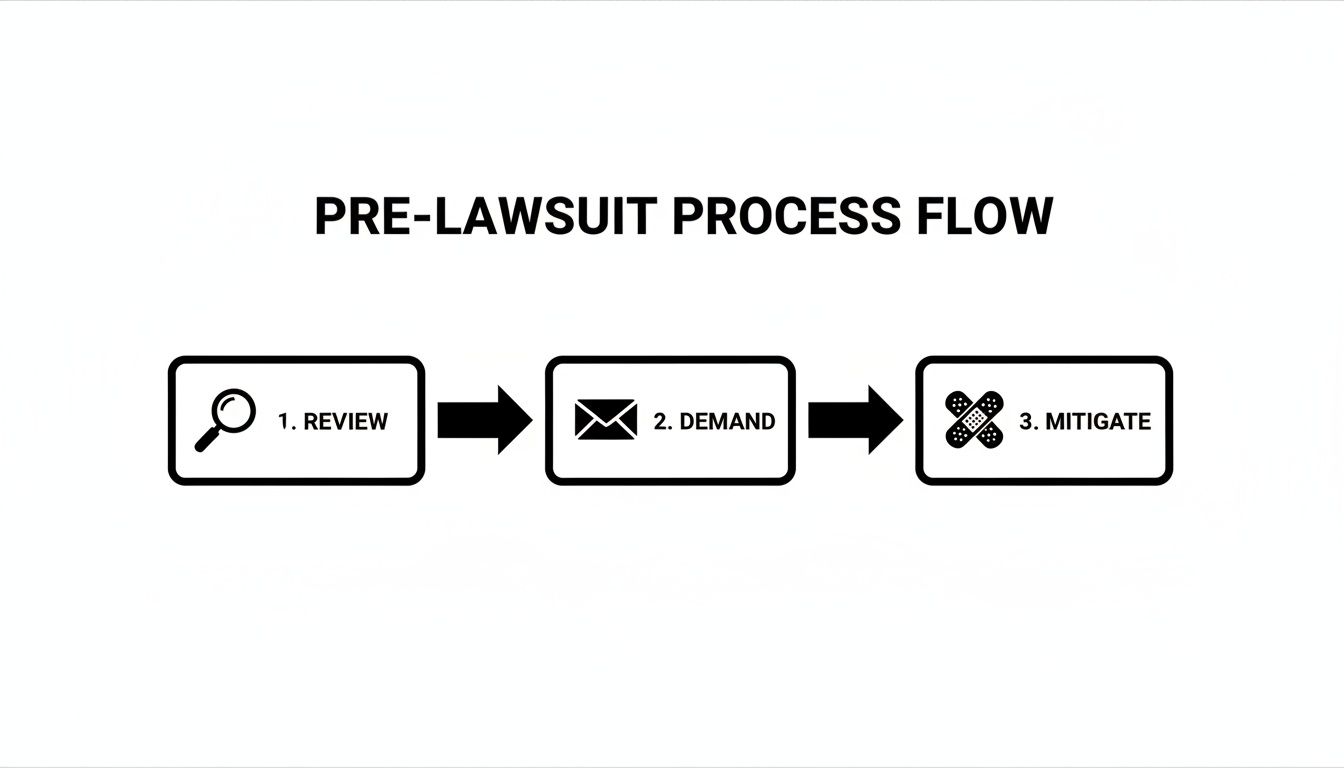 A pre-lawsuit process flow diagram showing three steps: review, demand, and mitigate.