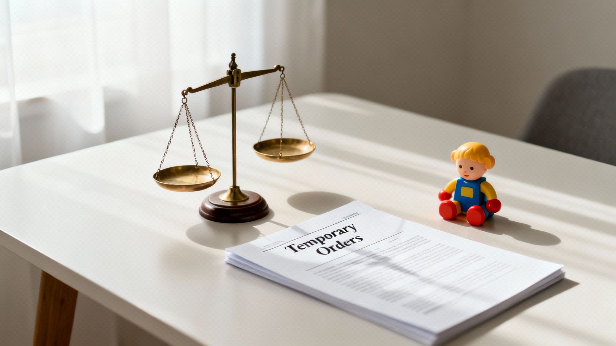 Table with a justice scale, 'Temporary Orders' papers, and a child's toy, symbolizing family law.