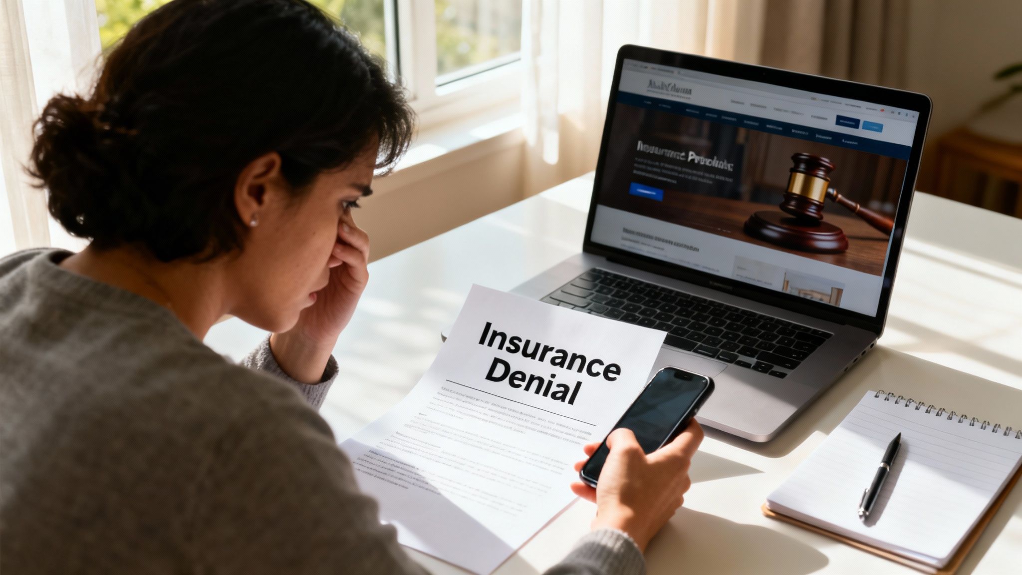 Distressed woman reviewing an insurance denial letter and holding a smartphone.