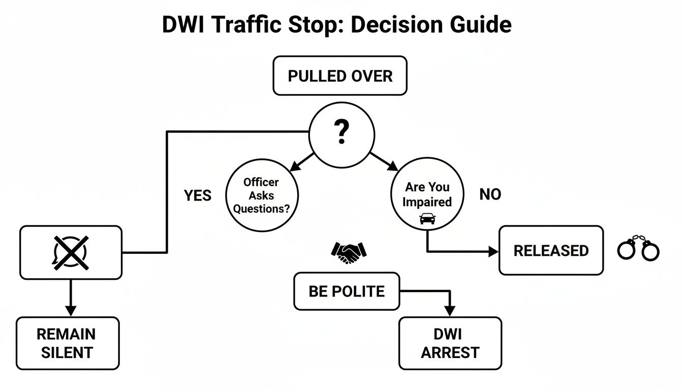 A flowchart titled 'DWI Traffic Stop: Decision Guide' outlines steps from being pulled over to arrest.