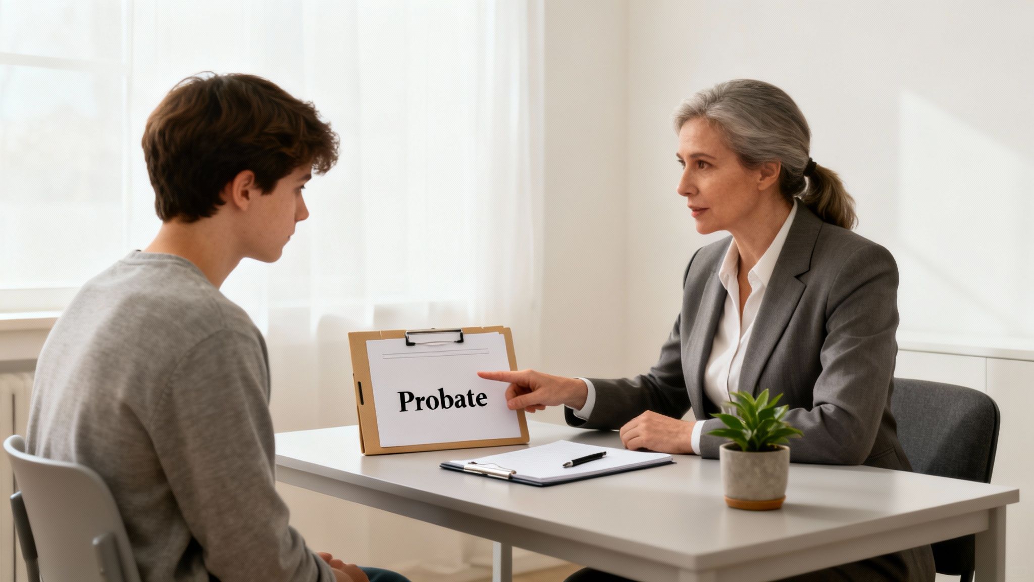 An attorney explains a probate document to a young man in an office setting.