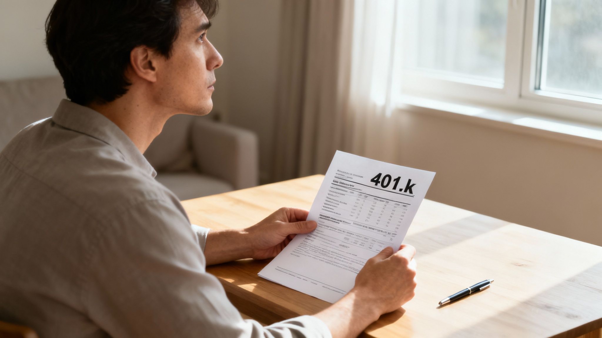 A person reviewing financial documents at a desk, looking thoughtful.