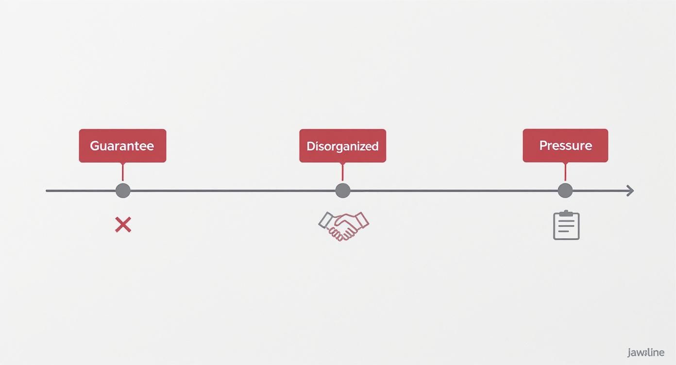 Infographic timeline showing red flags to avoid when hiring a lawyer, including making guarantees, being disorganized, and applying pressure.