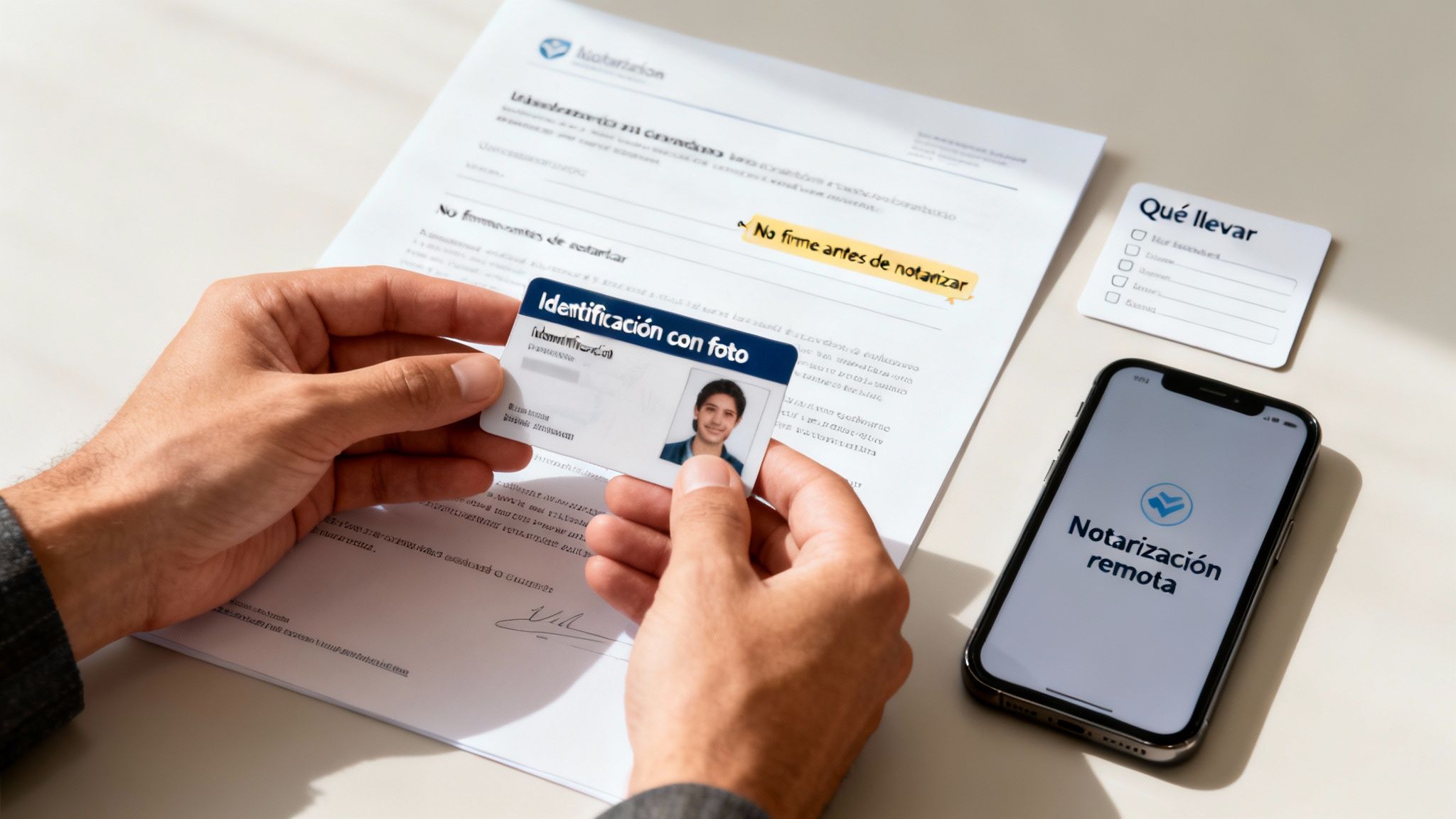 Manos sosteniendo una identificación con foto, documentos de notarización y un teléfono con Notarización remota.