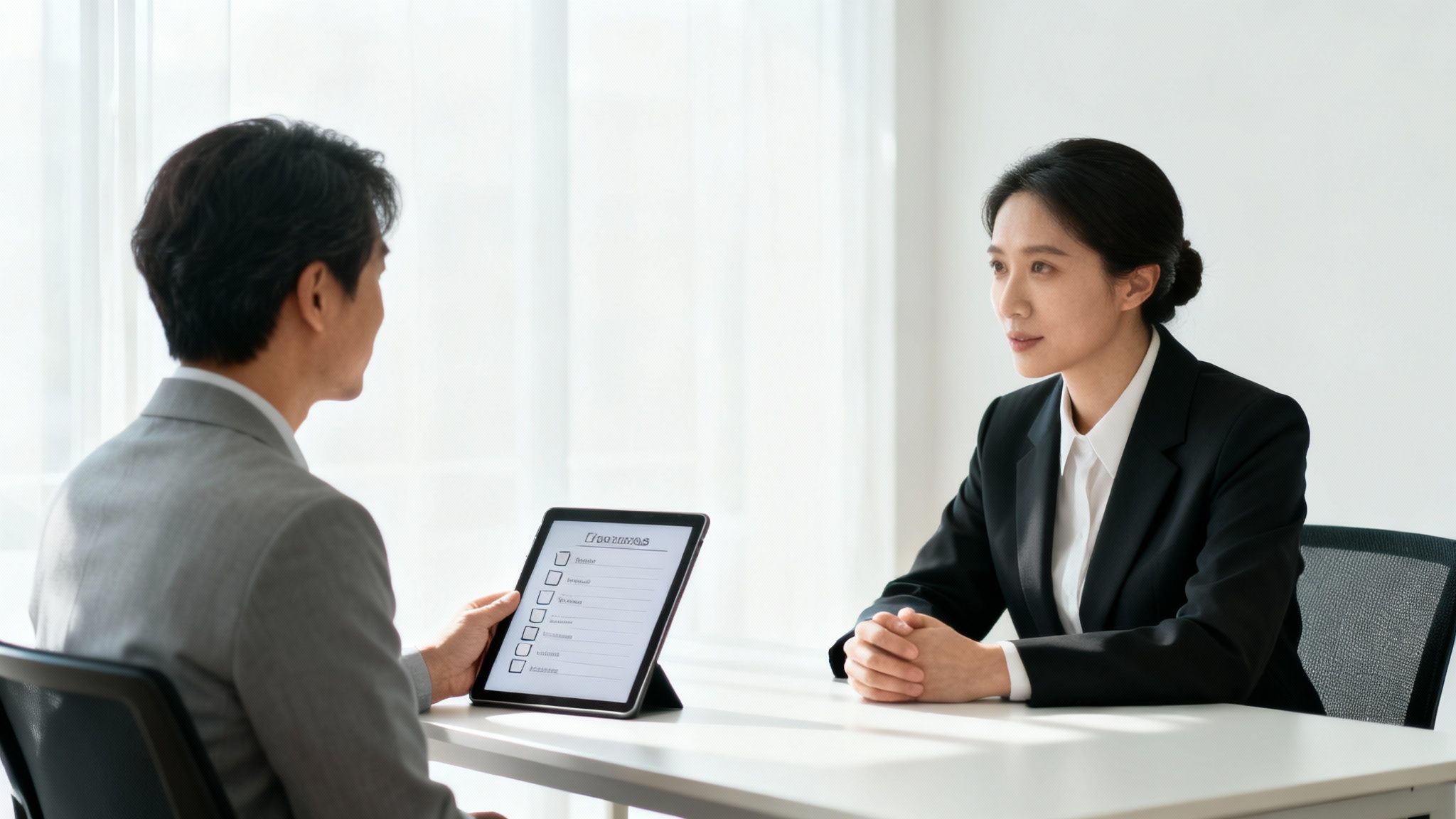 A man interviewing a woman in a bright office, holding a tablet with a checklist.
