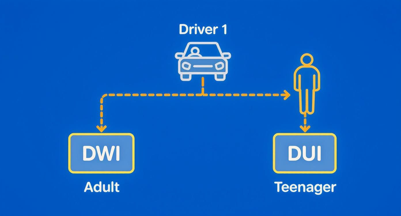 Flowchart showing Driver 1 leading to DWI for adults and DUI for teenagers in Texas