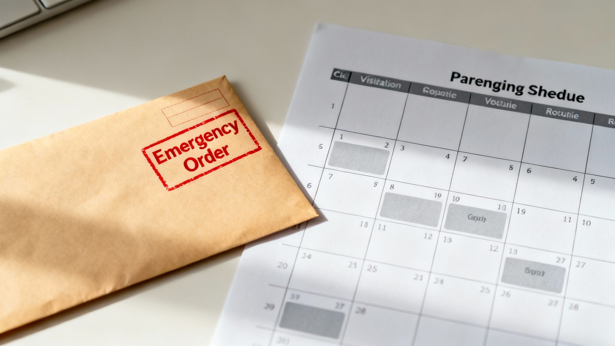 Emergency order envelope and parenting schedule document on a desk, relevant to temporary custody arrangements in Texas.