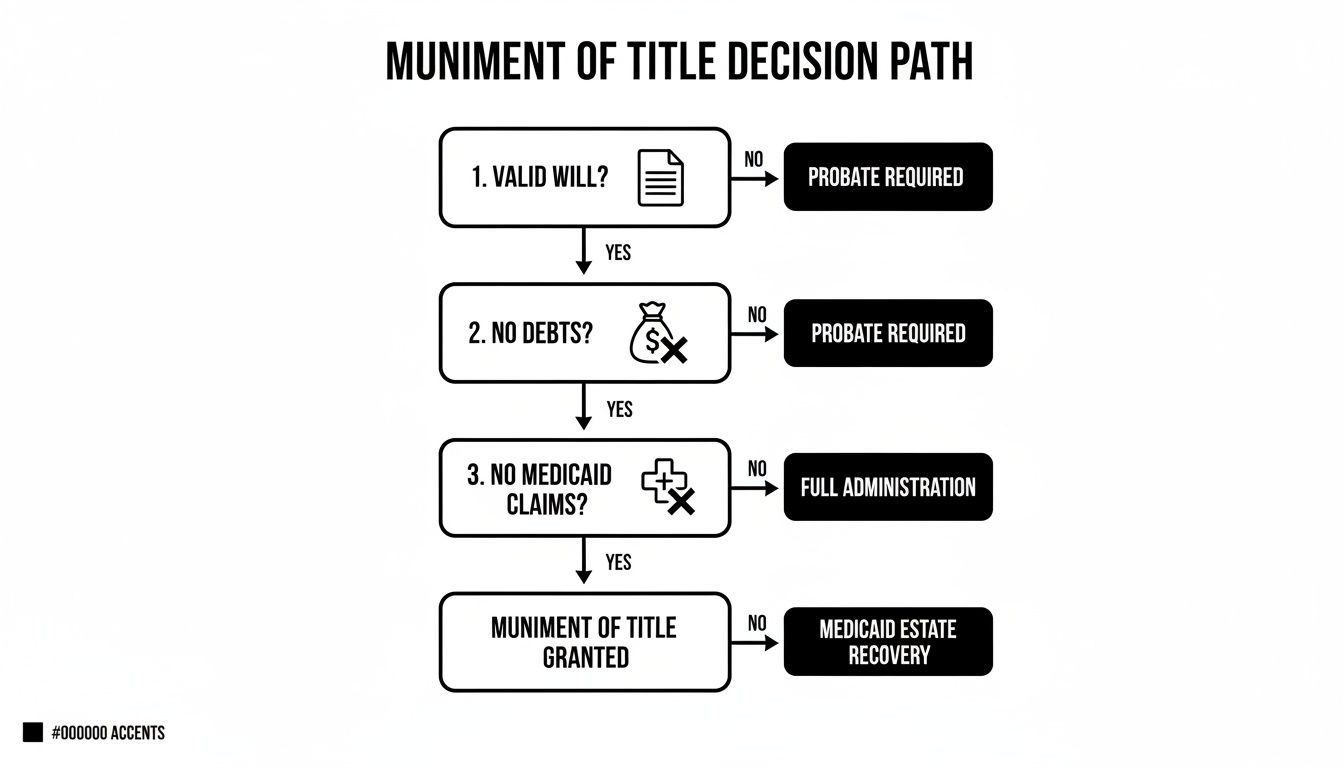 Flowchart outlining the decision path for Muniment of Title based on valid will, debts, and Medicaid claims.